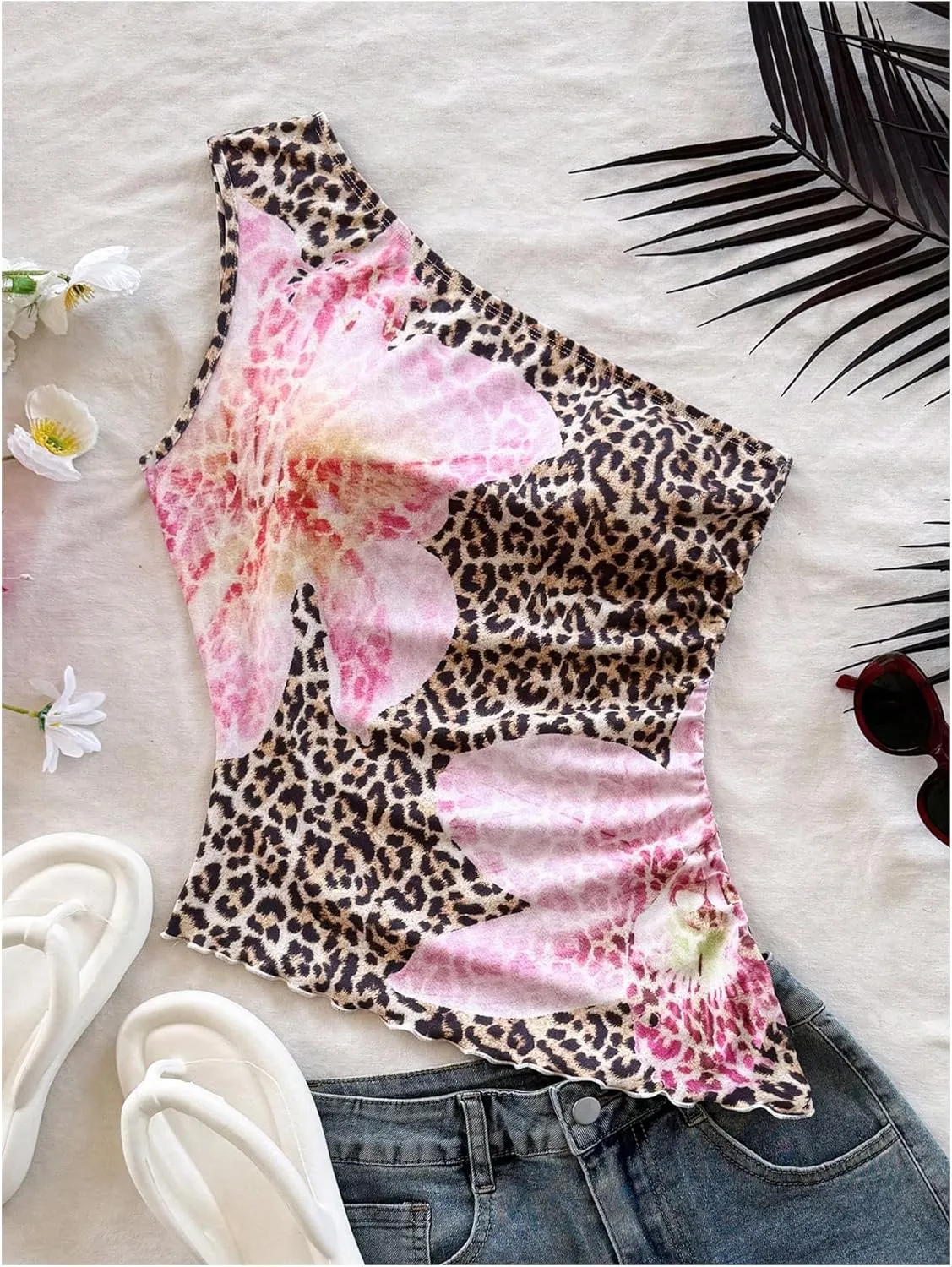 Floerns Women's Cheetah Print One Shoulder Tank Top Sleeveless Ruched Floral Vest Shirts