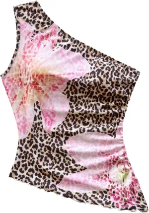 Floerns Women's Cheetah Print One Shoulder Tank Top Sleeveless Ruched Floral Vest Shirts