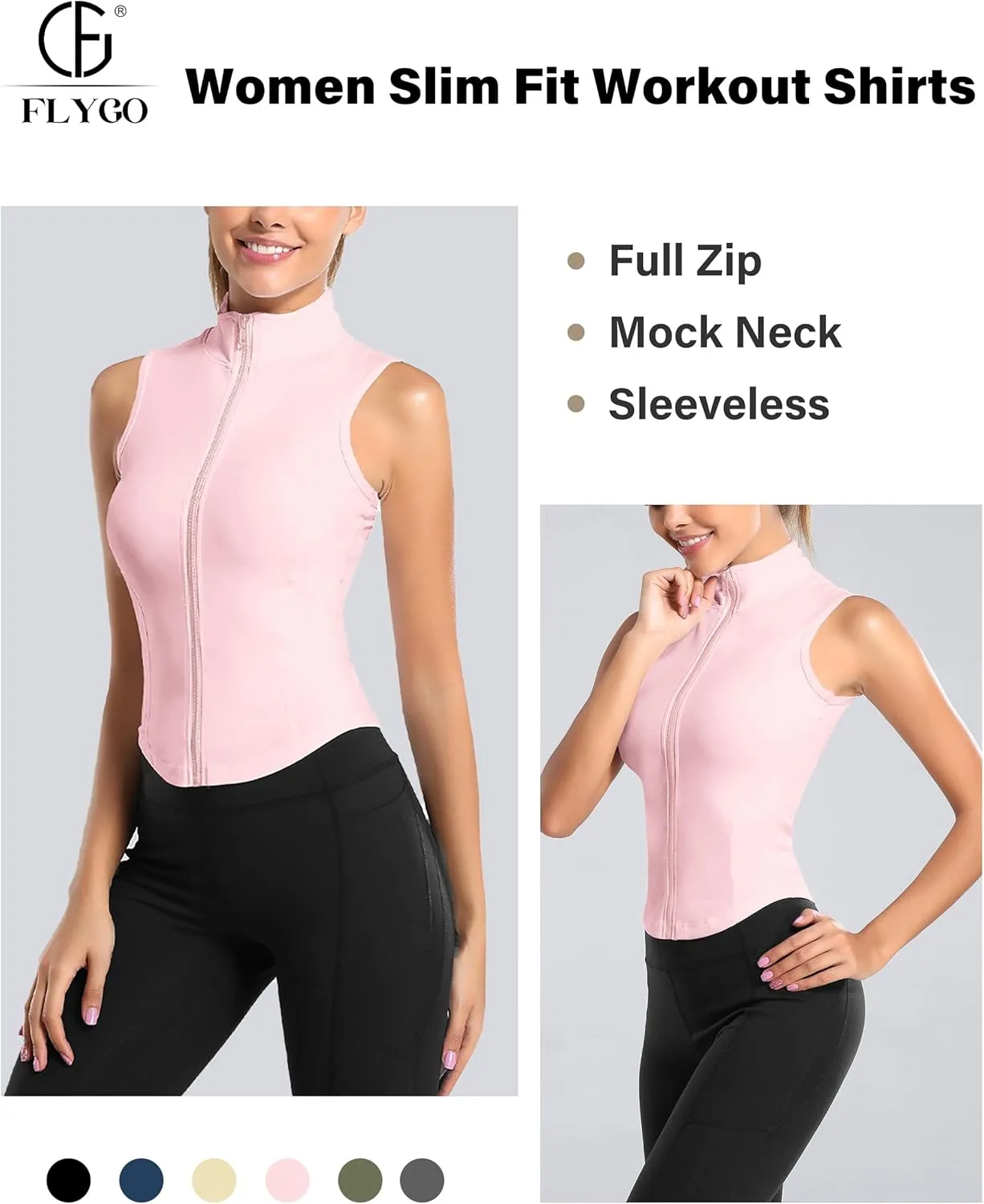 Flygo Women's Full Zip Sleeveless Workout Yoga Active Jacket Vest Golf Shirts
