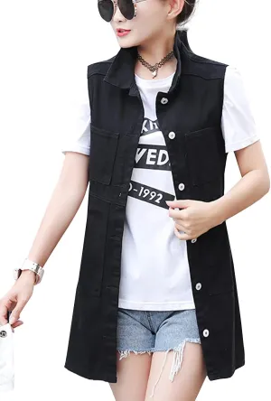 Flygo Womens Vintage Lapel Distressed Sleeveless Mid Long Denim Jean Vest Jacket (Small, Black)