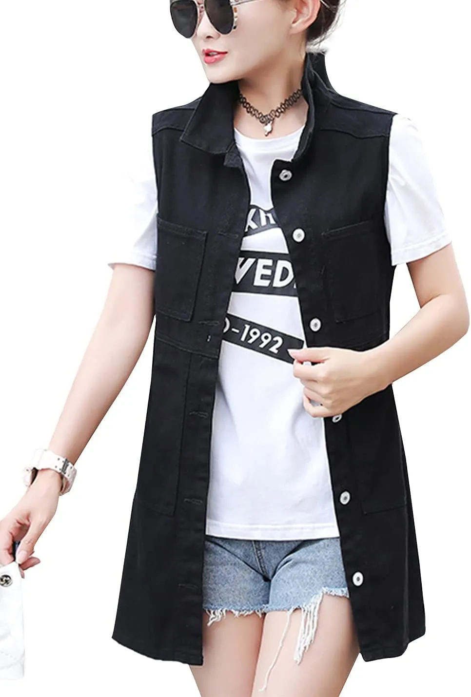 Flygo Womens Vintage Lapel Distressed Sleeveless Mid Long Denim Jean Vest Jacket (Small, Black)