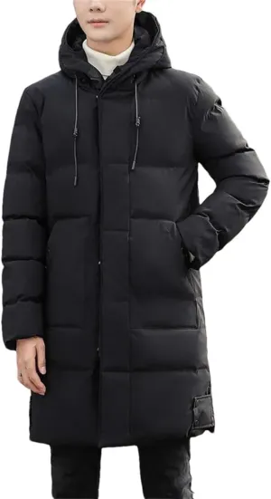 Fnfmrfmr Men Long Hooded Parka Jackets Solid Pockets Zipper Casual Down Cotton-Padded Coat