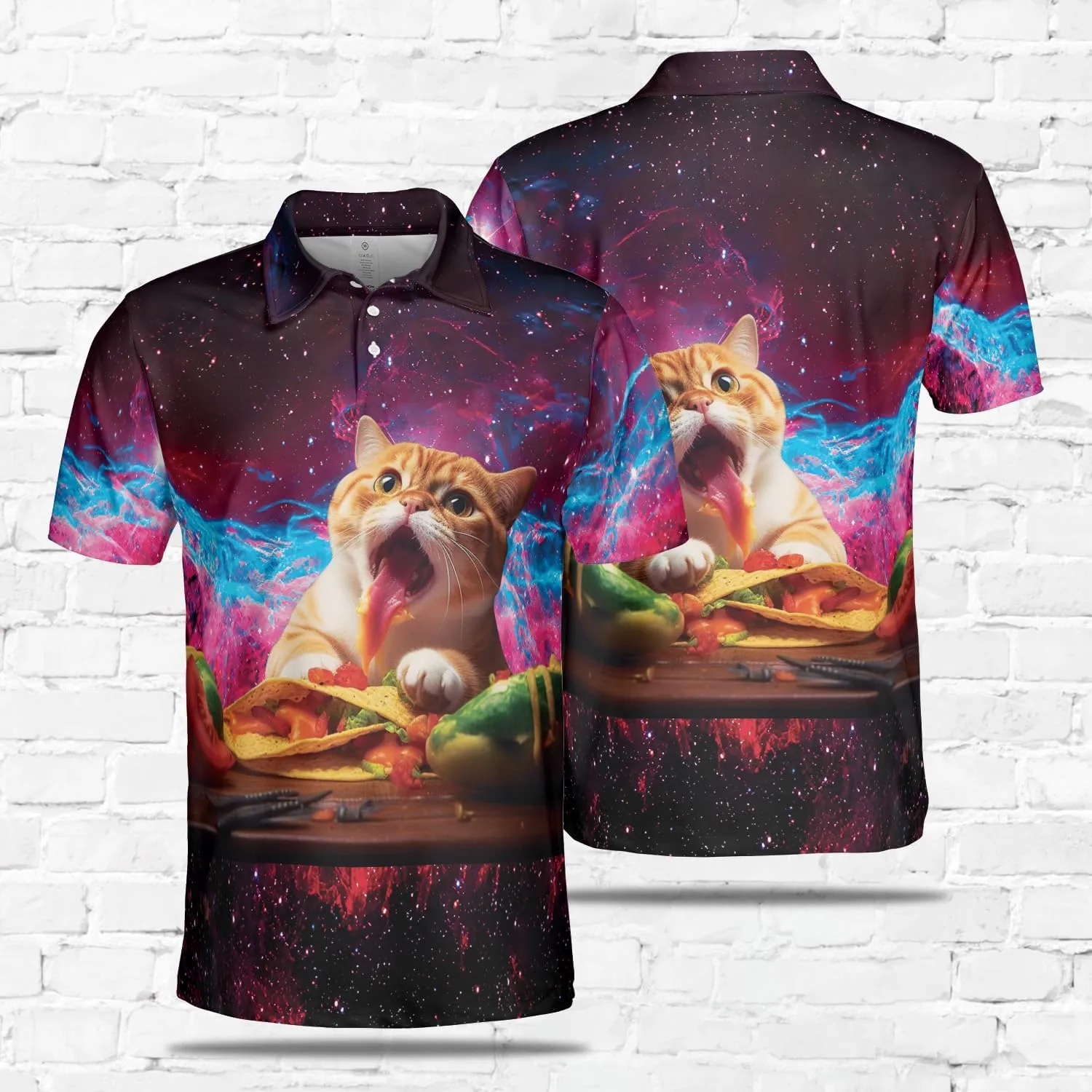 Funny Cat Polo Shirts for Men - Galaxy Cat Men's Regular Fit Quick Dry Golf Polo Shirt Series 04