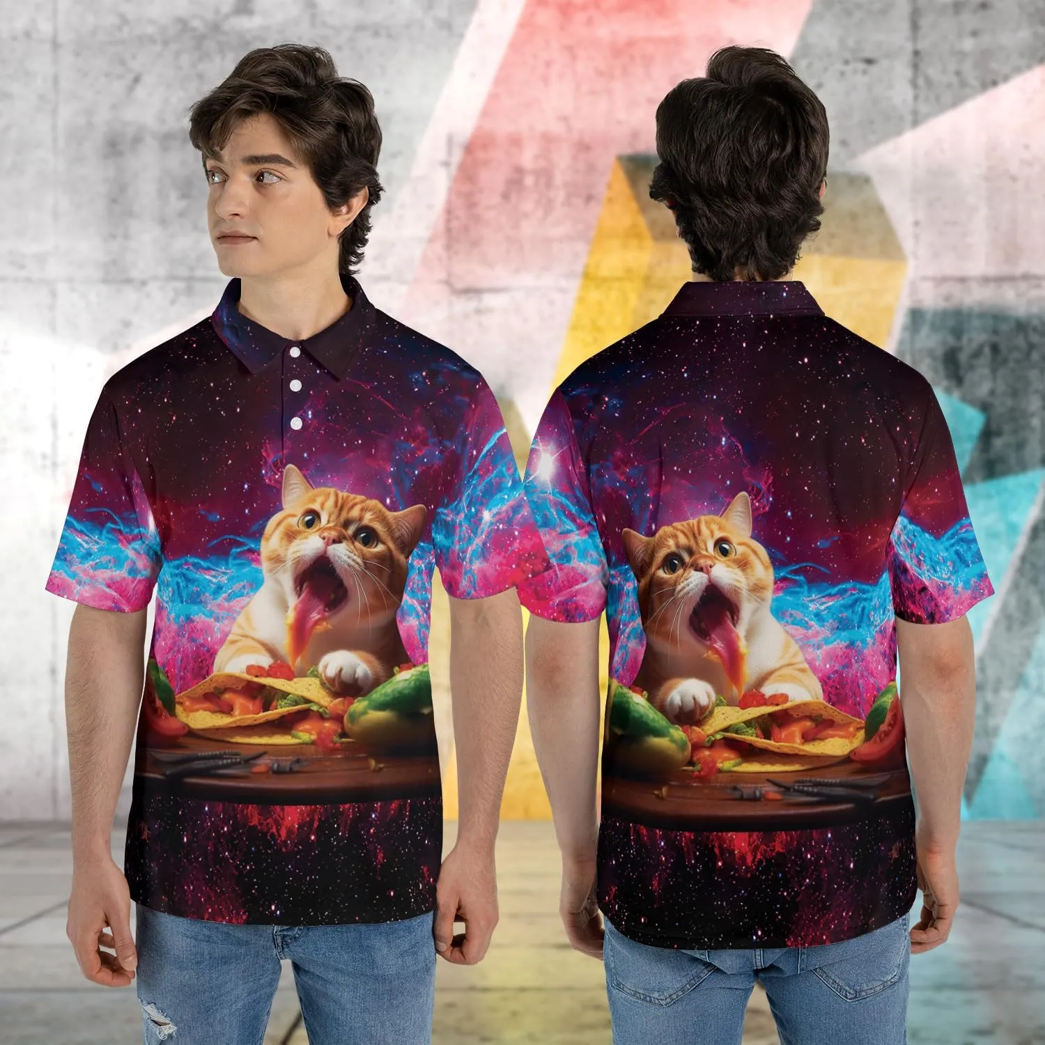 Funny Cat Polo Shirts for Men - Galaxy Cat Men's Regular Fit Quick Dry Golf Polo Shirt Series 04