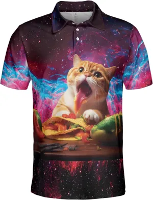 Funny Cat Polo Shirts for Men - Galaxy Cat Men's Regular Fit Quick Dry Golf Polo Shirt Series 04