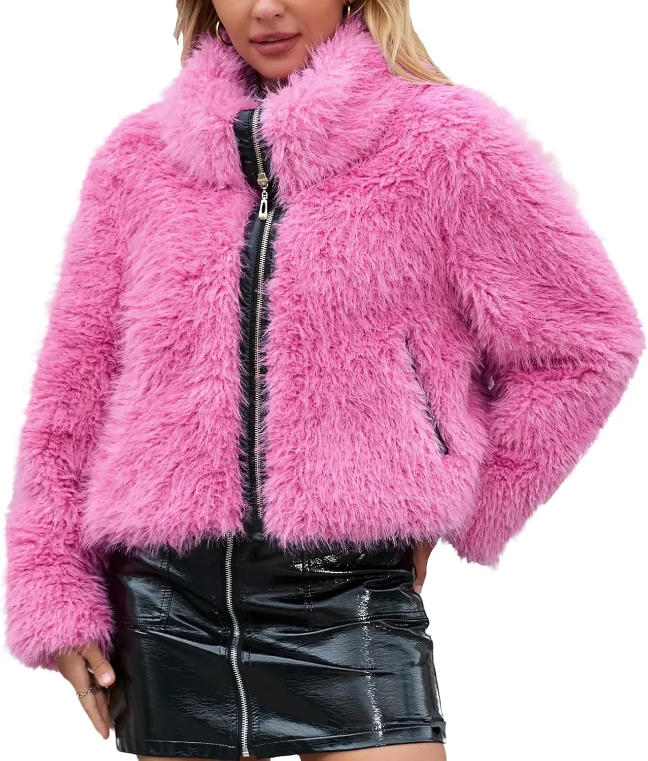 FYYIYI Women Faux Fur Jacket Zip Up Large Turn-Down Collar for Short Jackets Fall and Winter Warm Fluffy Cardigan Coat