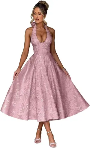 GATMAHE Halter Jacquard Satin Prom Dresses for Women 2025 A Line Tea Length Formal Evening Gown