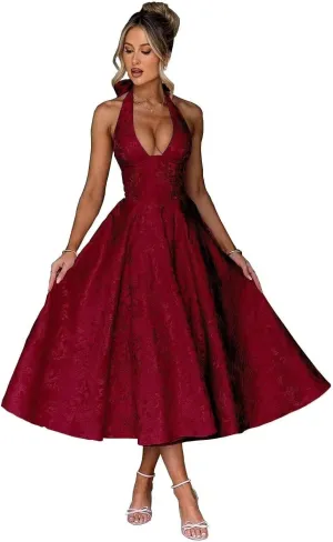 GATMAHE Halter Jacquard Satin Prom Dresses for Women 2025 A Line Tea Length Formal Evening Gown