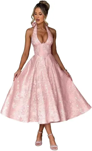 GATMAHE Halter Jacquard Satin Prom Dresses for Women 2025 A Line Tea Length Formal Evening Gown