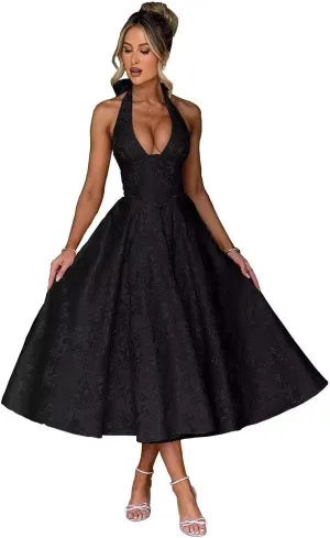GATMAHE Halter Jacquard Satin Prom Dresses for Women 2025 A Line Tea Length Formal Evening Gown