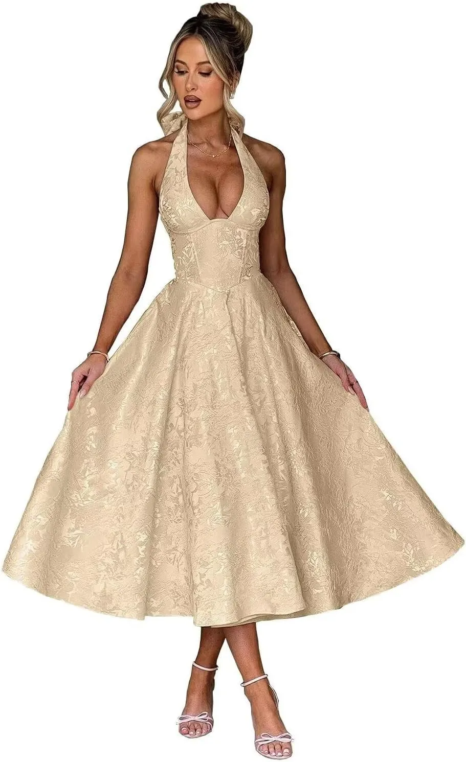 GATMAHE Halter Jacquard Satin Prom Dresses for Women 2025 A Line Tea Length Formal Evening Gown