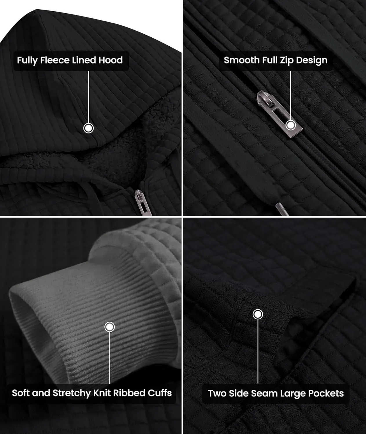 GEEK LIGHTING Mens Fleece Lined Hoodies Zip Up Waffle Knit Thicken Hooded Sweatshirts Winter Jackets