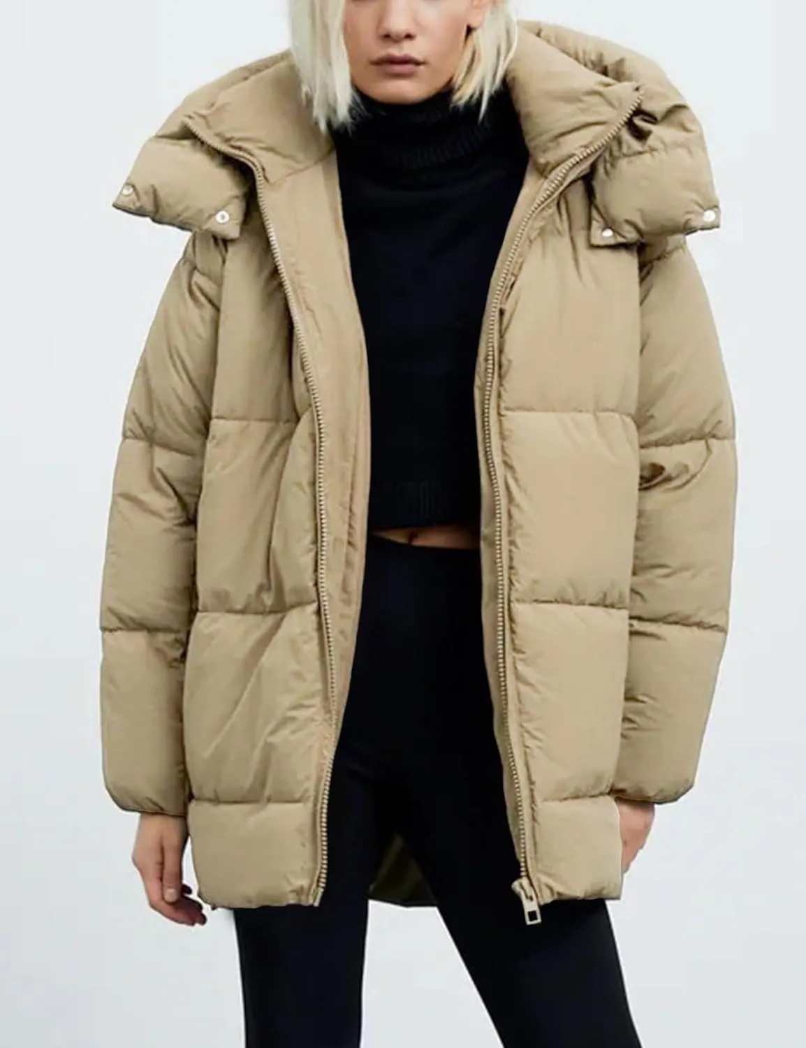 Gihuo Womens Quilted Puffer Coat Hoodie Winter Oversized Mid-Length Padded Down Jacket Warm Heavyweight Bubble Outerwear
