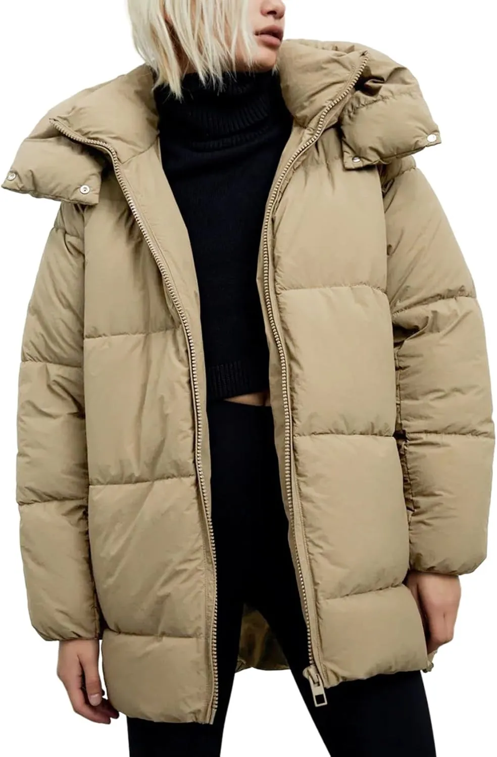 Gihuo Womens Quilted Puffer Coat Hoodie Winter Oversized Mid-Length Padded Down Jacket Warm Heavyweight Bubble Outerwear