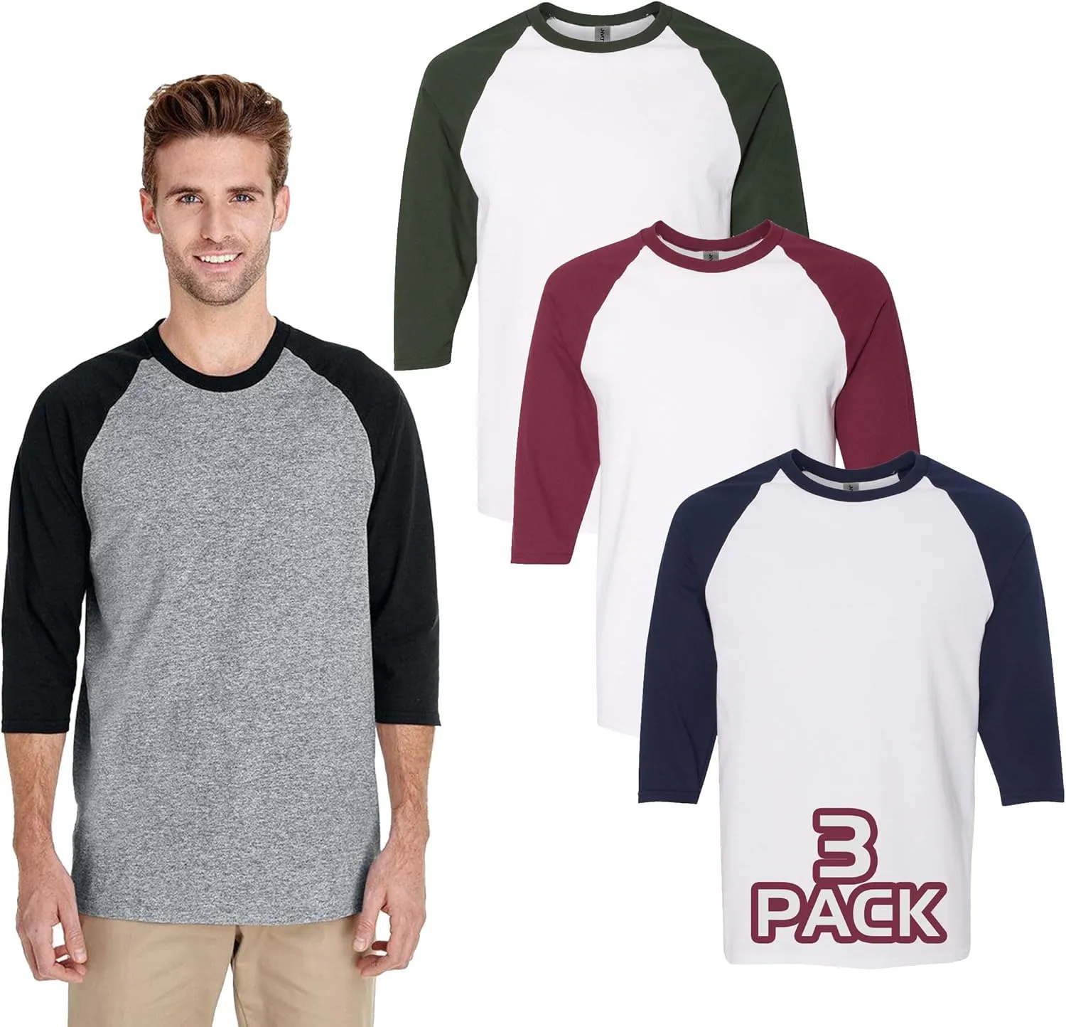 Gildan G570 3/4-Sleeve Raglan T-Shirts, Bulk Undershirts for Men Multipack - Create Color Pack Men 5700 Cotton Shirt