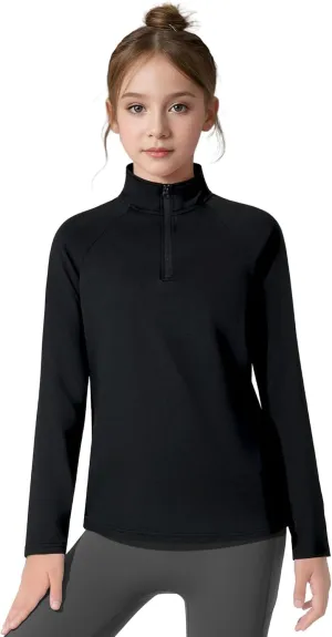 Girls Long Sleeve Shirts Quick Dry Athletic Tops Quarter Zip Pullover Kids Teens Sportswear for Golf Yoga Tennis 5-14 Years