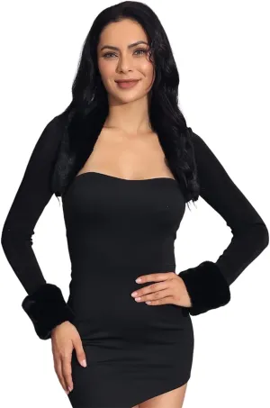 GORAIS Womens Bolero Shrugs Black Evening Fur Bolero Jackets Party Long Sleeve Fur Shrug for Wedding Dresses
