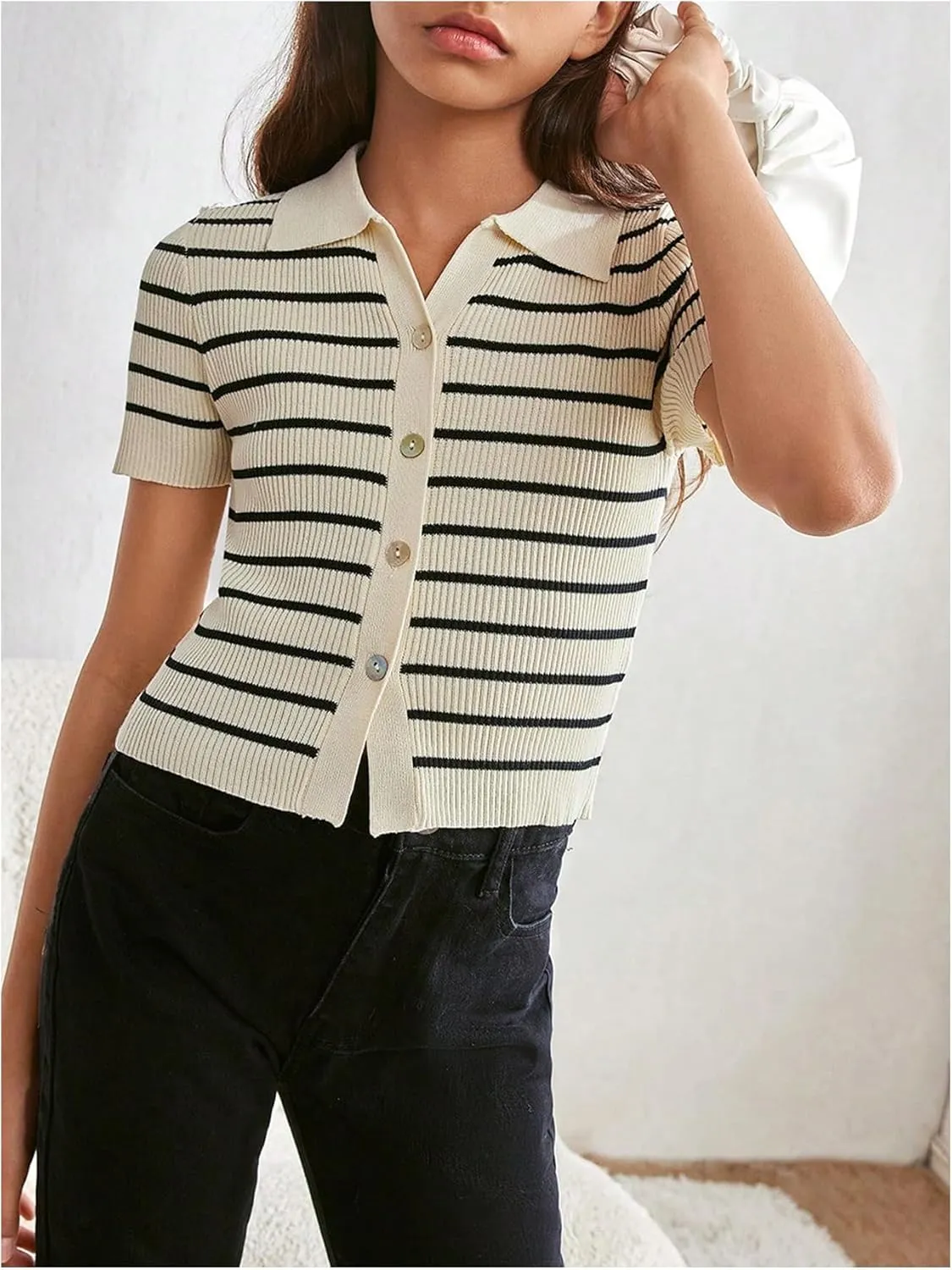 GORGLITTER Girl's Striped Knit Tops Button Down Short Sleeve Lightweight Sweater Shirts