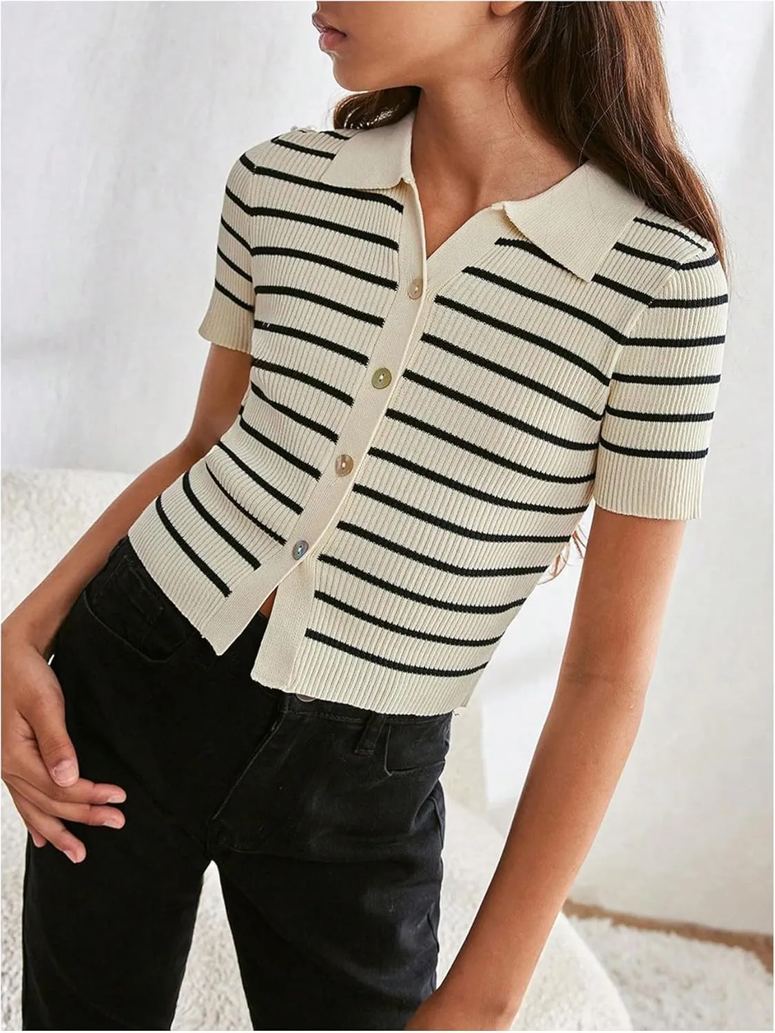 GORGLITTER Girl's Striped Knit Tops Button Down Short Sleeve Lightweight Sweater Shirts