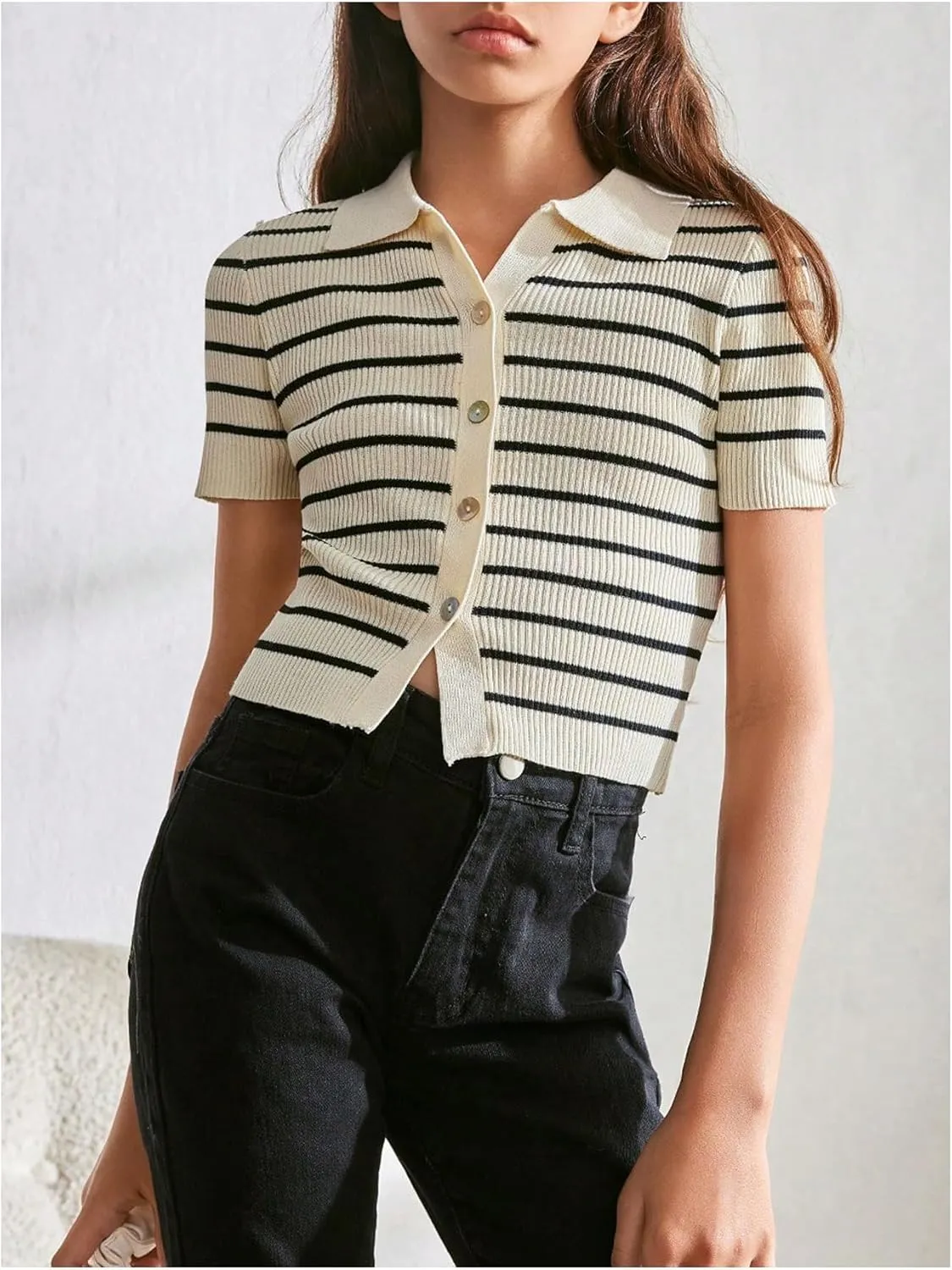 GORGLITTER Girl's Striped Knit Tops Button Down Short Sleeve Lightweight Sweater Shirts