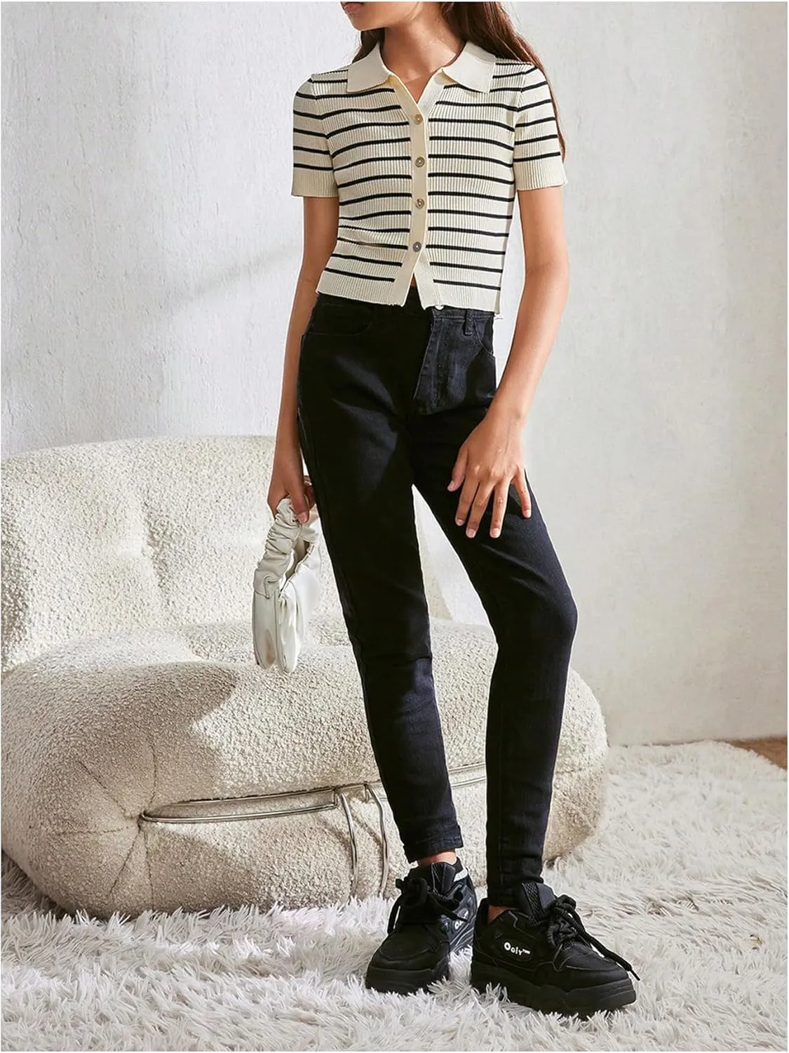 GORGLITTER Girl's Striped Knit Tops Button Down Short Sleeve Lightweight Sweater Shirts