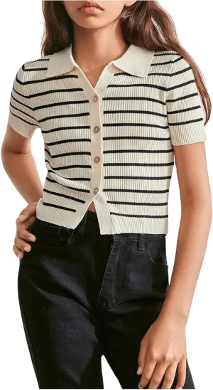 GORGLITTER Girl's Striped Knit Tops Button Down Short Sleeve Lightweight Sweater Shirts