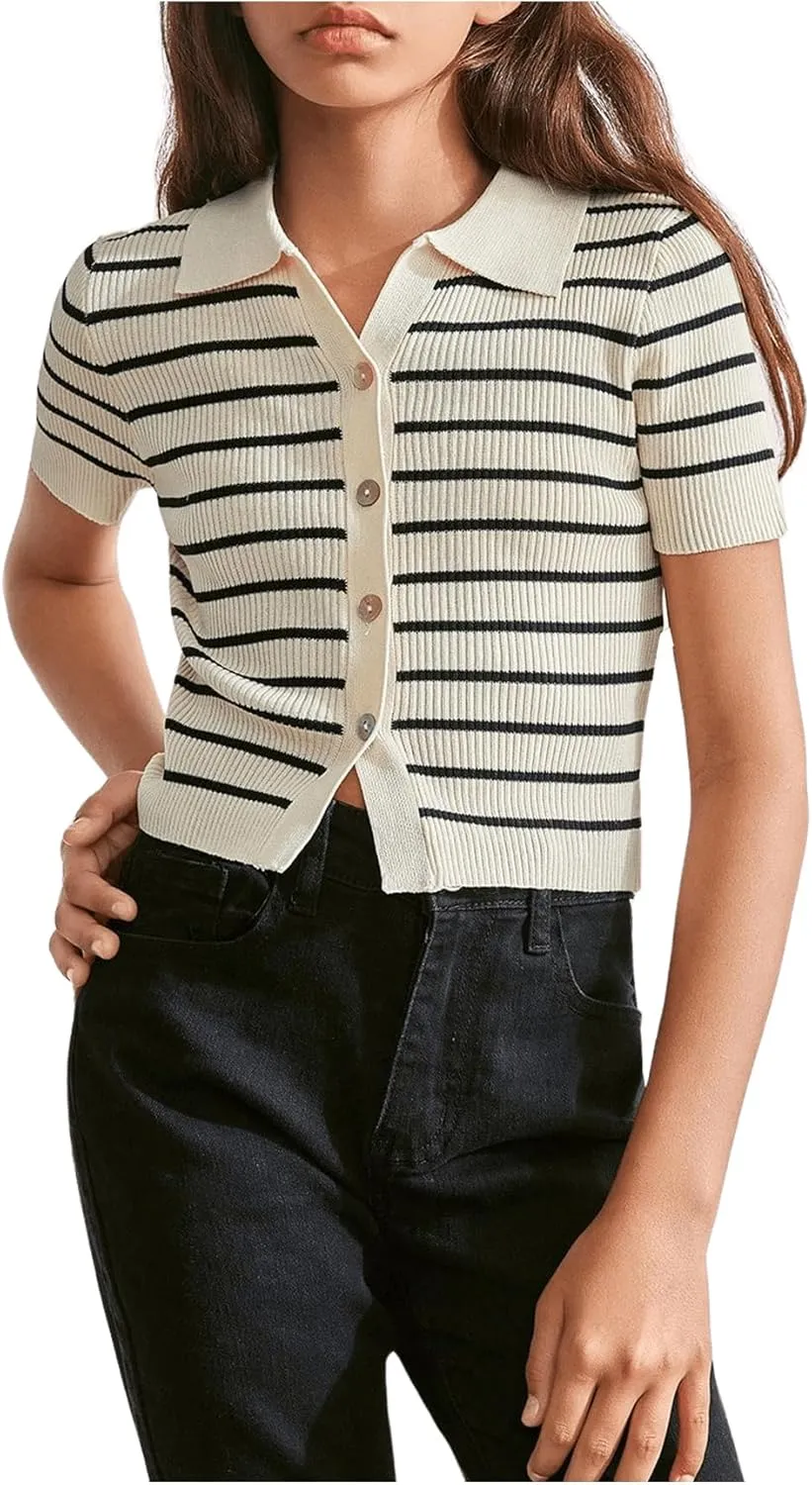 GORGLITTER Girl's Striped Knit Tops Button Down Short Sleeve Lightweight Sweater Shirts