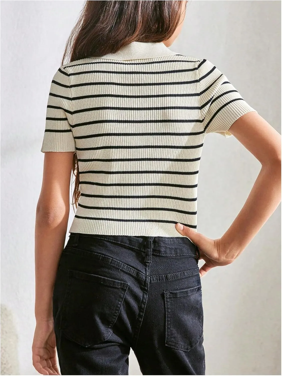 GORGLITTER Girl's Striped Knit Tops Button Down Short Sleeve Lightweight Sweater Shirts