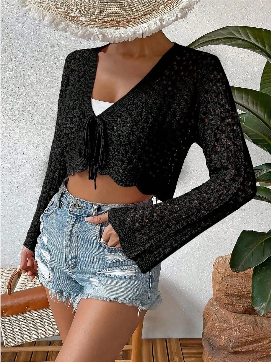 GORGLITTER Women's Crochet Tie Front Tops Bell Long Sleeve Cropped Cardigan Summer Beach Festival Boho Tops 2025