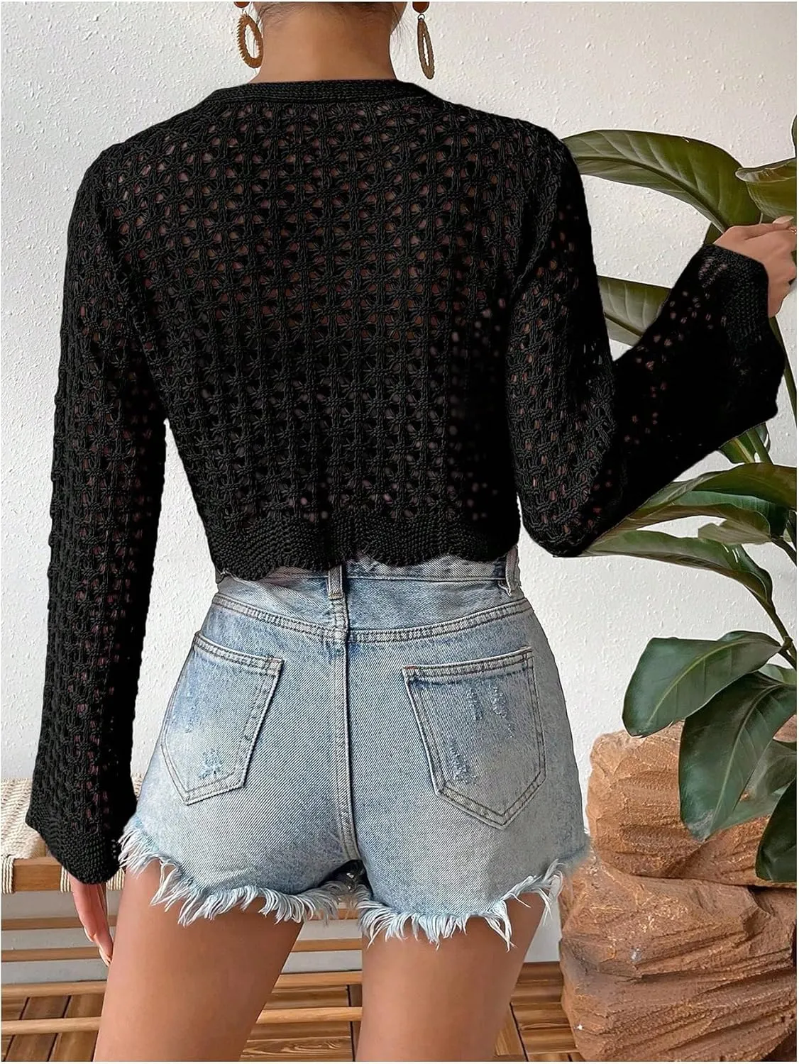 GORGLITTER Women's Crochet Tie Front Tops Bell Long Sleeve Cropped Cardigan Summer Beach Festival Boho Tops 2025