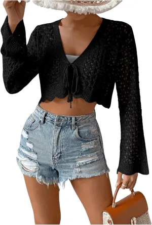 GORGLITTER Women's Crochet Tie Front Tops Bell Long Sleeve Cropped Cardigan Summer Beach Festival Boho Tops 2025