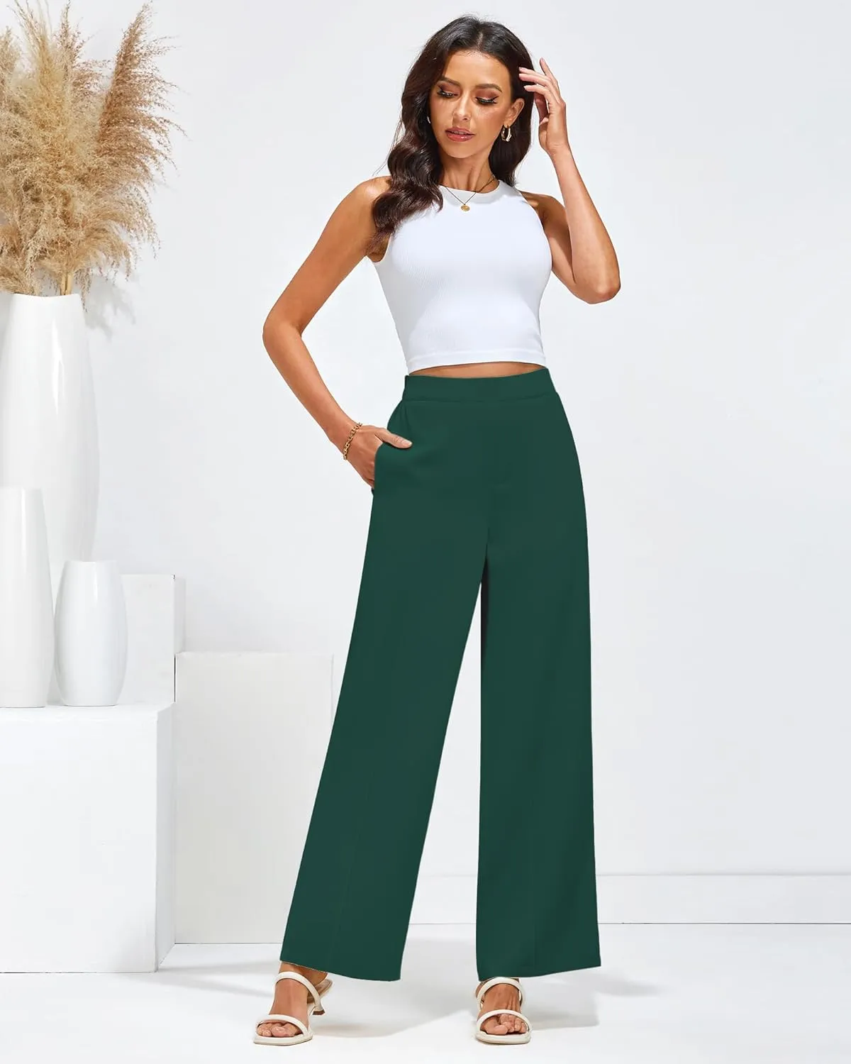 GRAPENT Wide Leg Dress Pants Women High Waisted Pull On Business Casual Work Pants Elastic Waist Dressy Trousers Pockets