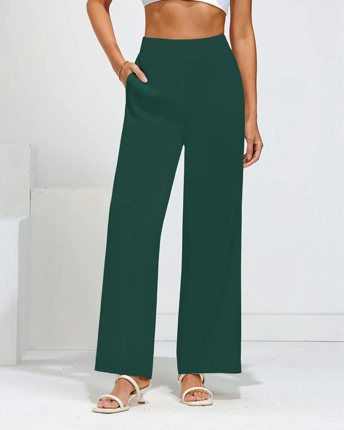 GRAPENT Wide Leg Dress Pants Women High Waisted Pull On Business Casual Work Pants Elastic Waist Dressy Trousers Pockets