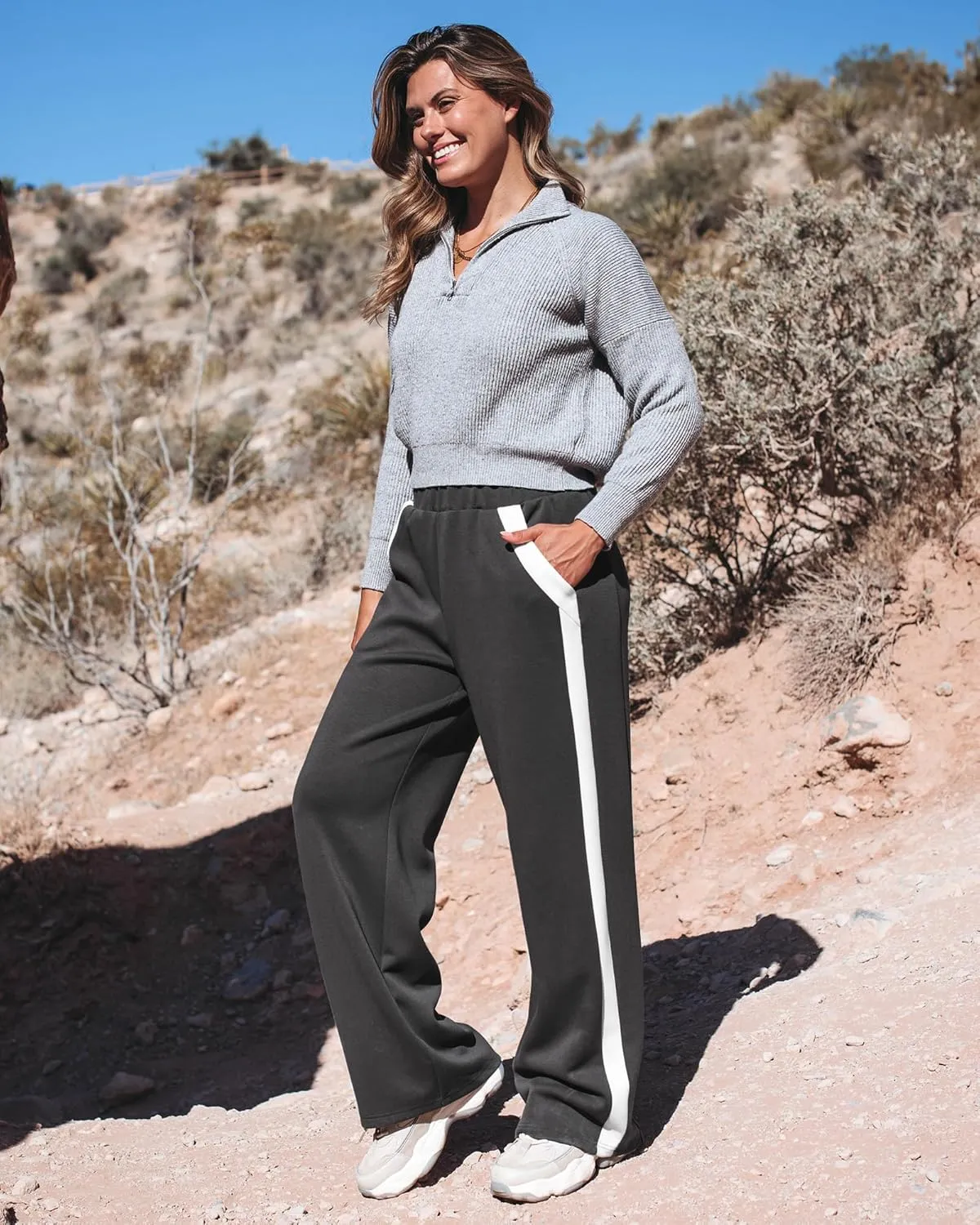 GRAPENT Wide Leg Sweatpants Women Baggy High Waisted Pull On Athleisure Loose Lounge Color Block Sweat Pants with Pocket