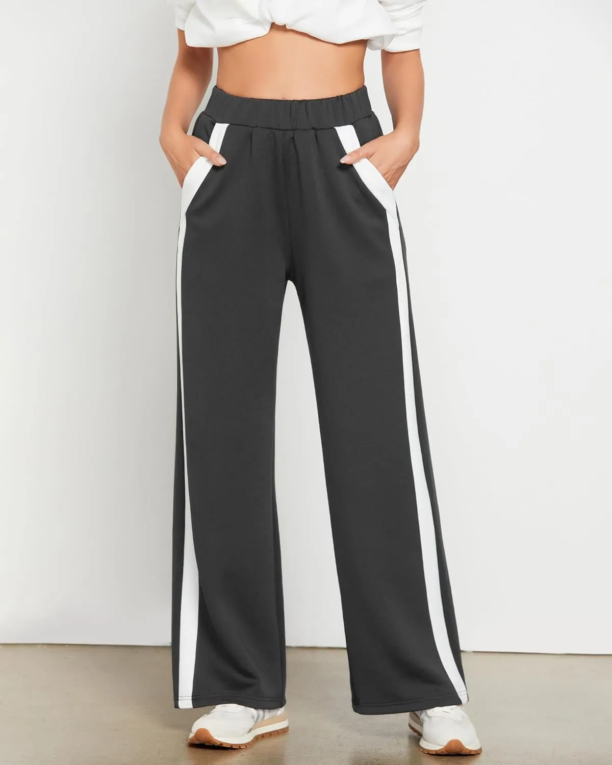 GRAPENT Wide Leg Sweatpants Women Baggy High Waisted Pull On Athleisure Loose Lounge Color Block Sweat Pants with Pocket