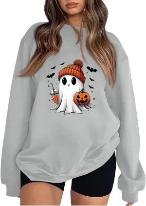 Halloween Sweatshirt for Women Cute Ghost Graphic Pullover Tops Funny Novelty Pumpkin Print Crewneck Sweatshirts