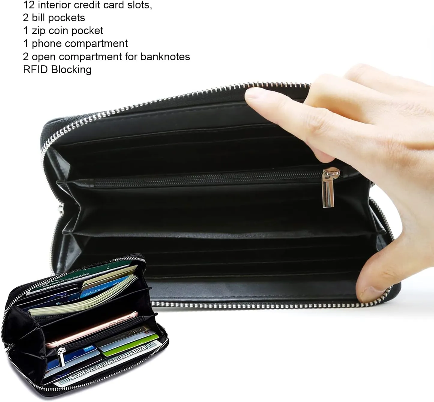 HANDBAG EXPRESS Bling Rhinestone Zip Around Wallet for Women Purse (7345 Black)