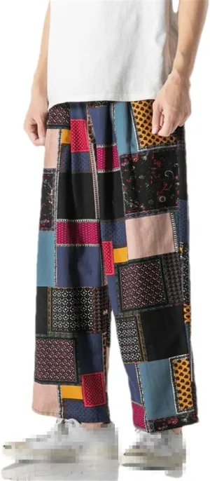 Harajuku Style Men's Harem Pants Wide Leg Straight Casual Patchwork Pants Loose Trousers