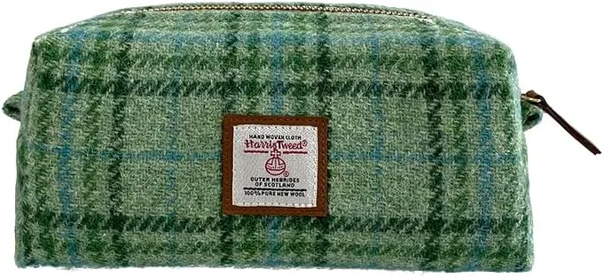 Harris Tweed Wool Cosmetic Bag, Large Capacity Scottish Tartan Handmade Makeup Organizer, Stain-Resistant Travel Toiletry Pouch for Women (Mint Green)