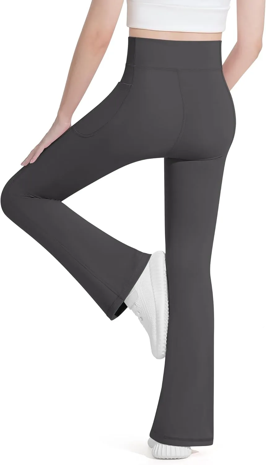 HASMES Girls Flare Leggings with Pockets Kids Bell Bottom High Waisted Flare Yoga Pants for Dance Activewear