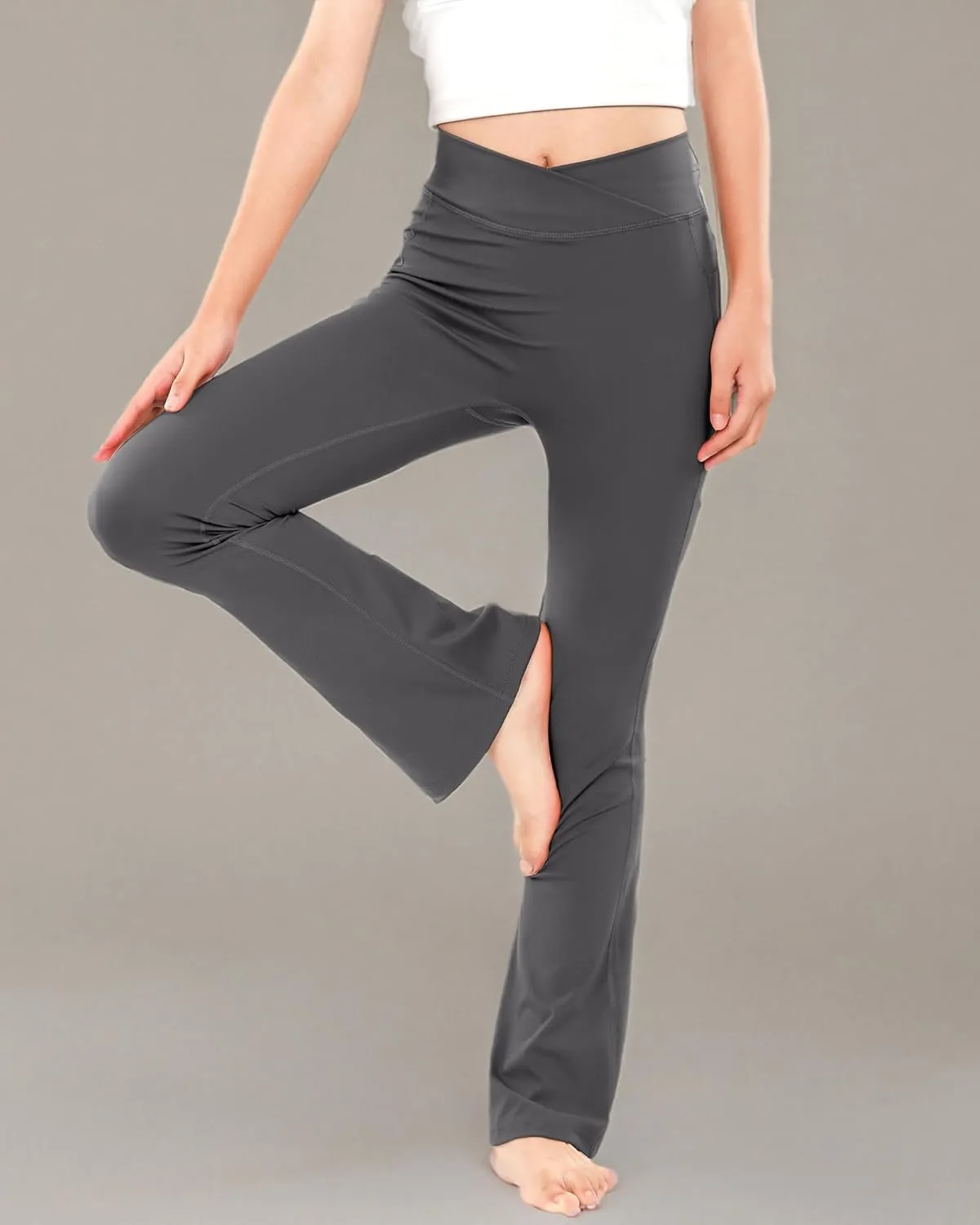 HASMES Girls Flare Leggings with Pockets Kids Bell Bottom High Waisted Flare Yoga Pants for Dance Activewear