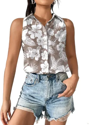 Hawaiian Shirts for Women Sleeveless Button Down Blouses Floral Tropical Tops V Neck Tank Top Casual Summer Outfit