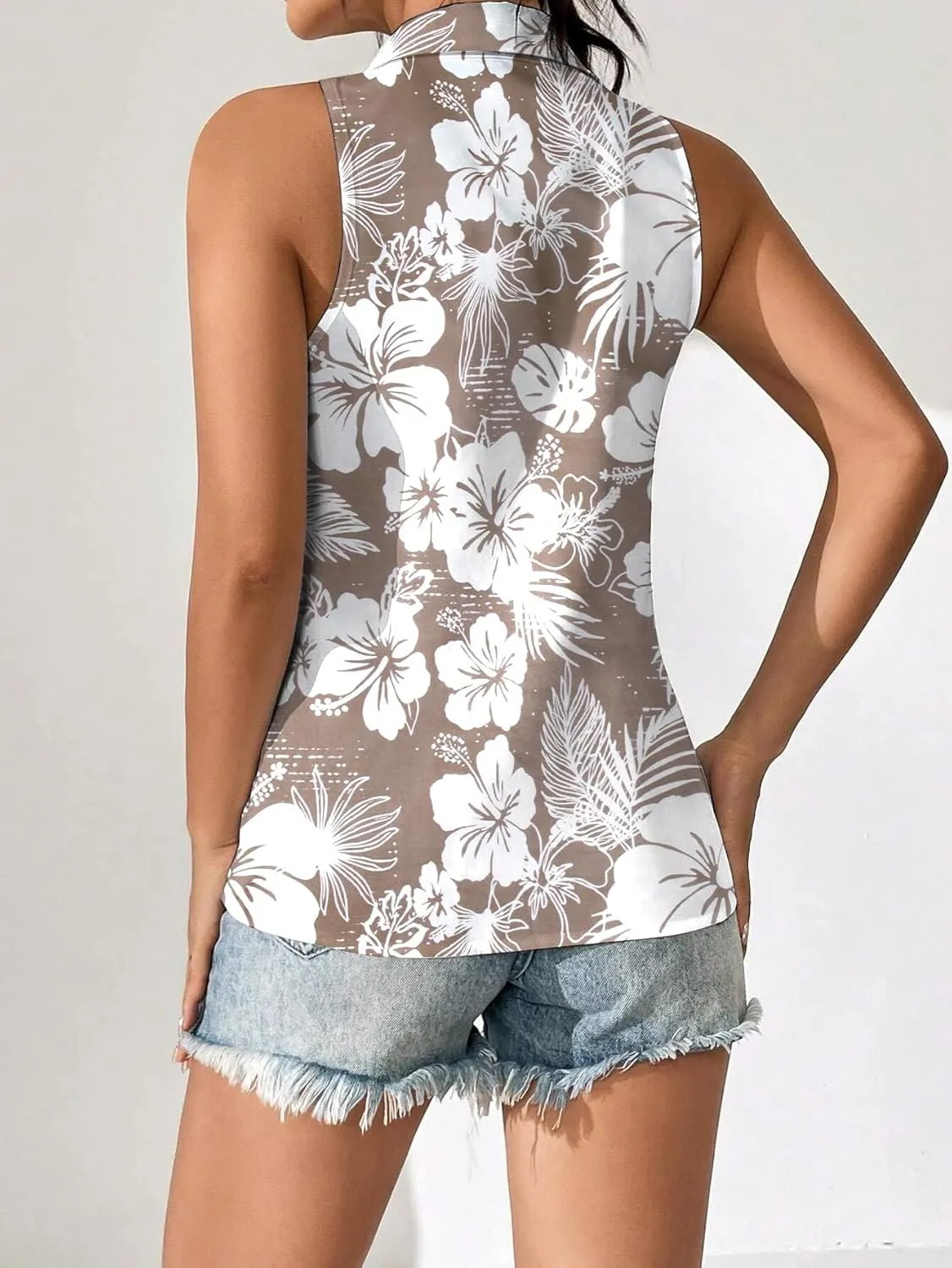 Hawaiian Shirts for Women Sleeveless Button Down Blouses Floral Tropical Tops V Neck Tank Top Casual Summer Outfit