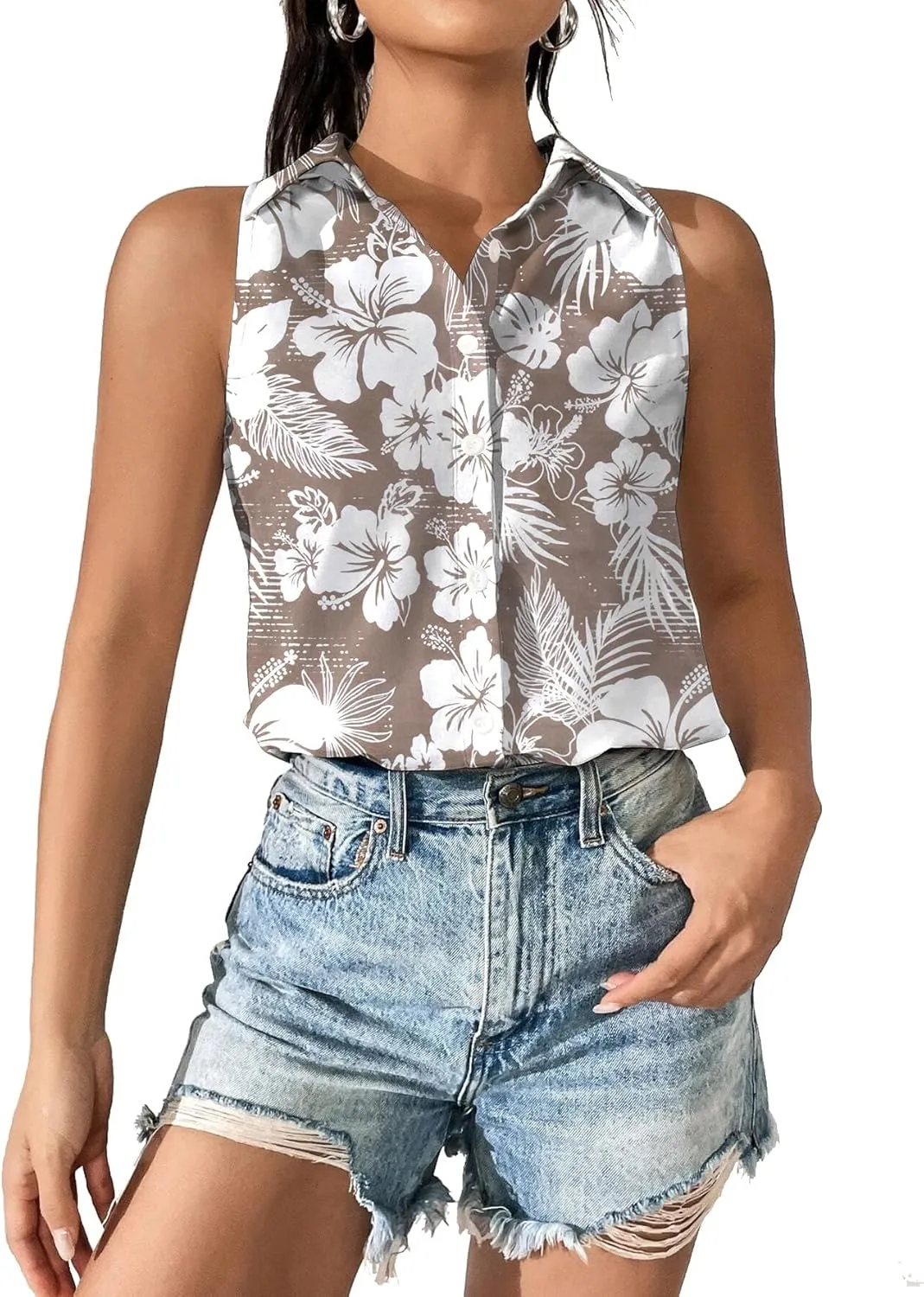 Hawaiian Shirts for Women Sleeveless Button Down Blouses Floral Tropical Tops V Neck Tank Top Casual Summer Outfit