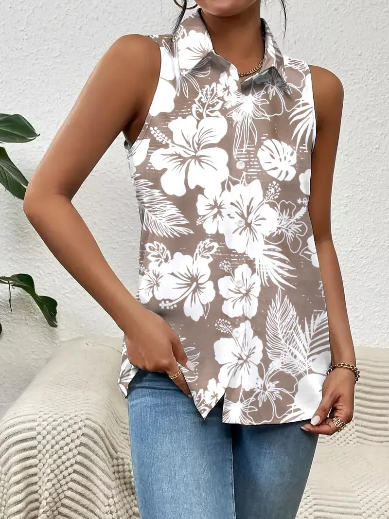 Hawaiian Shirts for Women Sleeveless Button Down Blouses Floral Tropical Tops V Neck Tank Top Casual Summer Outfit