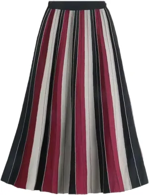 Hdhdeueh Women Striped Brown Gray A-Line High Waist Knitted Midi Skirt Elegant Pleated Skirt