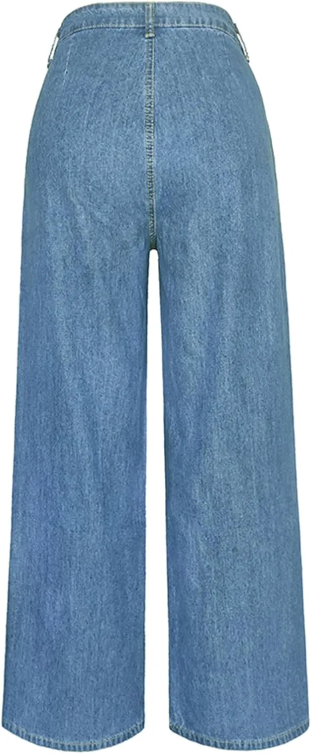 High Waist Jeans Women's Blue Washed Denim Wide Leg Pants Fashion Casual Street Pleated Clothing Ladies Pants
