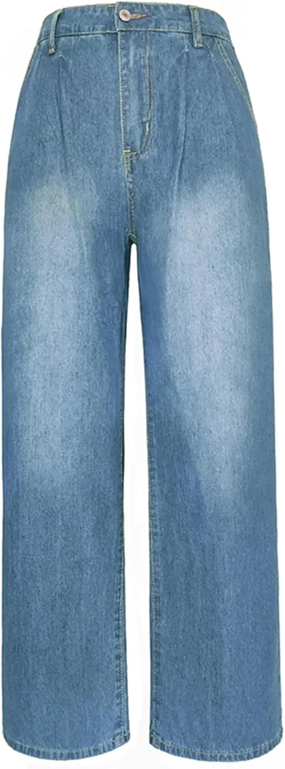 High Waist Jeans Women's Blue Washed Denim Wide Leg Pants Fashion Casual Street Pleated Clothing Ladies Pants
