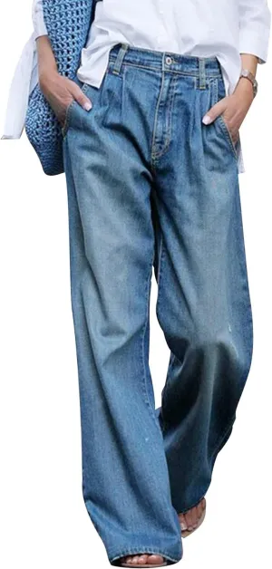 High Waist Jeans Women's Blue Washed Denim Wide Leg Pants Fashion Casual Street Pleated Clothing Ladies Pants