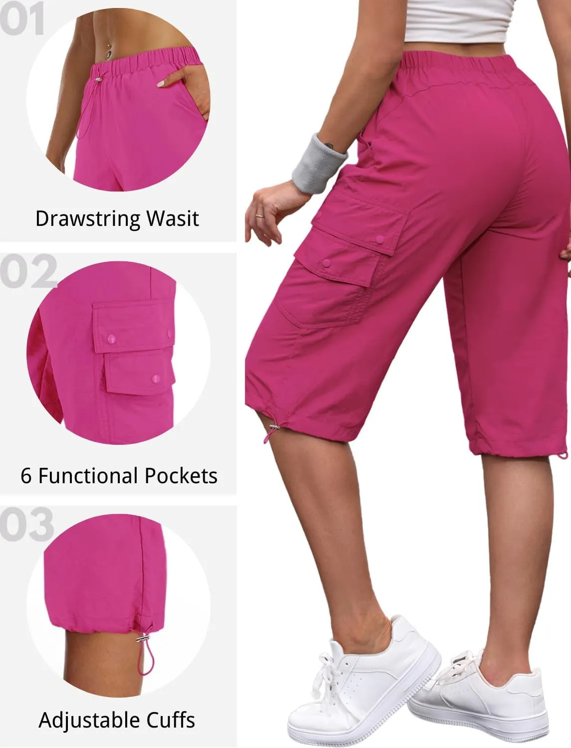 Hiking Capri Cargo Pants Women Baggy Low Rise Lightweight Summer Outdoor Casual Loose Style with 6 Pockets